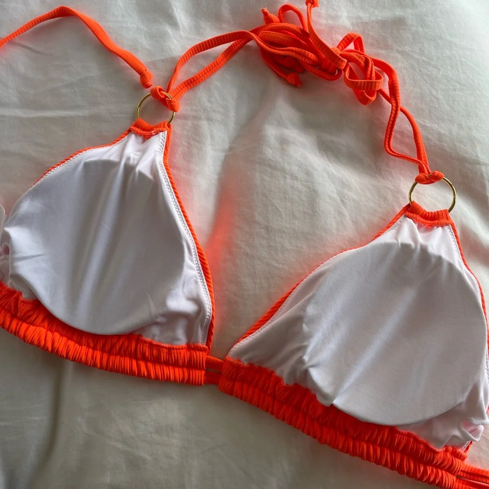New Orange Ribbed Halter Two Piece Bikini Gold Rings - Picture 9 of 12